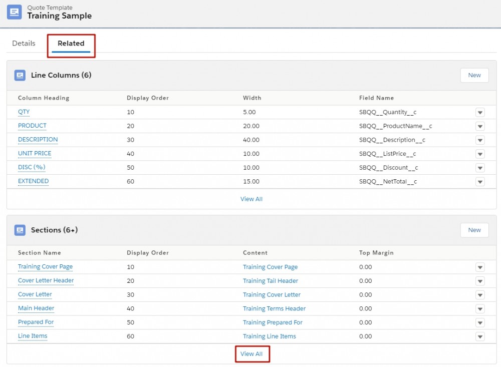 Salesforce CPQ Training Sample Related Line Columns and Sections on Quote Templates